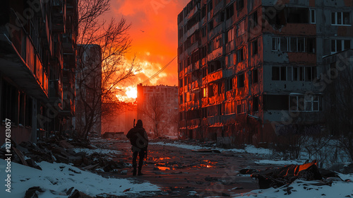 Lone figure walks through a war-torn, snow-covered urban street at sunset, surrounded by damaged buildings and debris photo