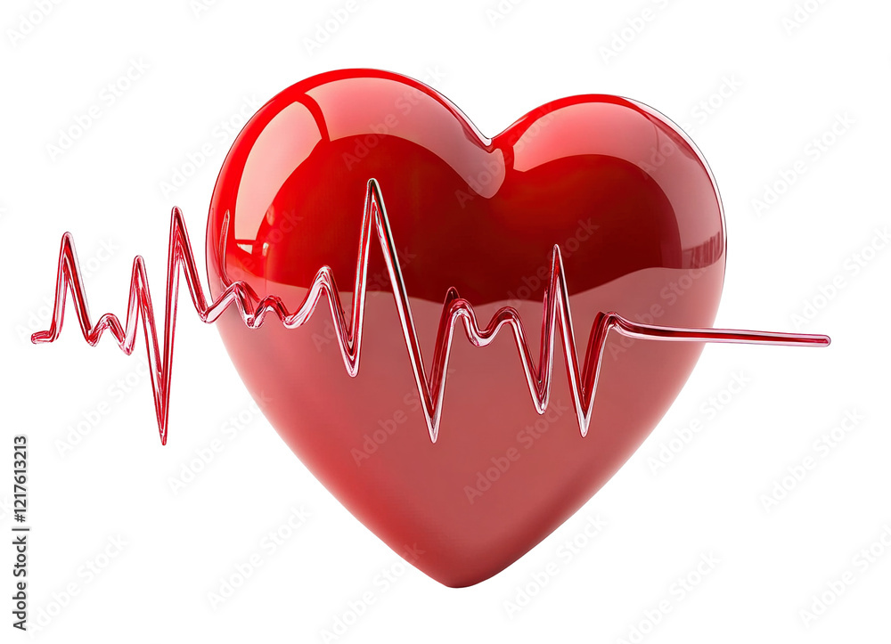 Glossy red heart with an electrocardiogram line, isolated on transparent cutout background Glossy red heart with an electrocardiogram line, isolated on transparent cutout background