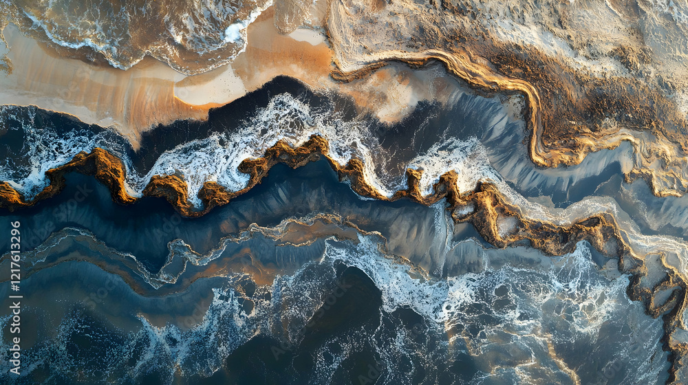 Fototapeta premium Aerial view of a rugged coastline with natural rock formations creating an abstract pattern in the ocean waves