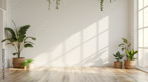 A large empty room with a white wall and a window. There are two potted plants, one on the left and one on the right, and a few more potted plants in the room. The room has a clean. AI generated.