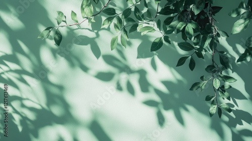Wallpaper Mural Leafy branch casting shadows on a green wall with soft natural light and ample copy space for design elements Torontodigital.ca