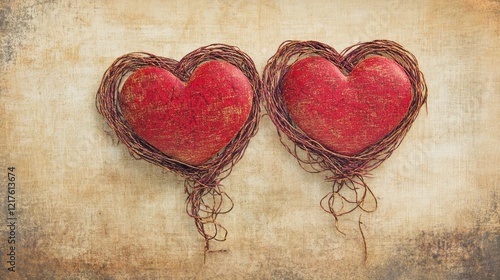 Two Red Hearts Nestled in Vines: A Symbol of Love and Togetherness