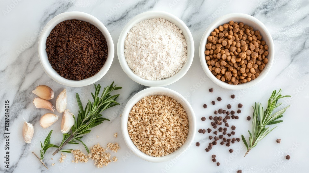 Various spices and dry ingredients in white bowls on a marble countertop with garlic and fresh herbs Copy Space Various spices and dry ingredients in white bowls on a marble countertop with garlic and fresh herbs Copy Space