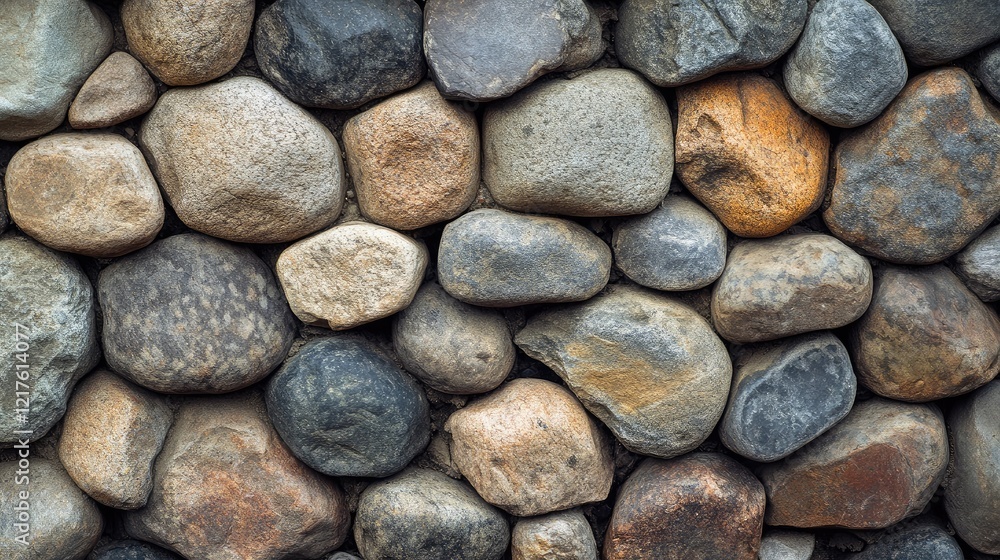 Textured background of rounded stones in various colors and sizes arranged in a wall formation with Copy Space for text placement Textured background of rounded stones in various colors and sizes arranged in a wall formation with Copy Space for text placement