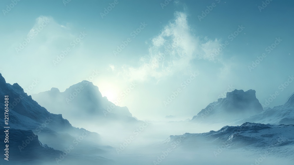 Fototapeta premium Snowy mountain landscape with fog and clouds in a blue sky during dawn Copy Space