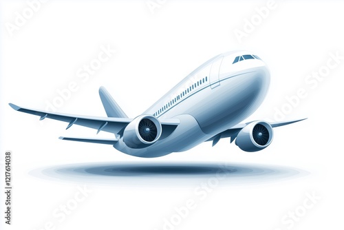Illustration of a white airplane in flight on a white background. transportation and travel concept clipart.