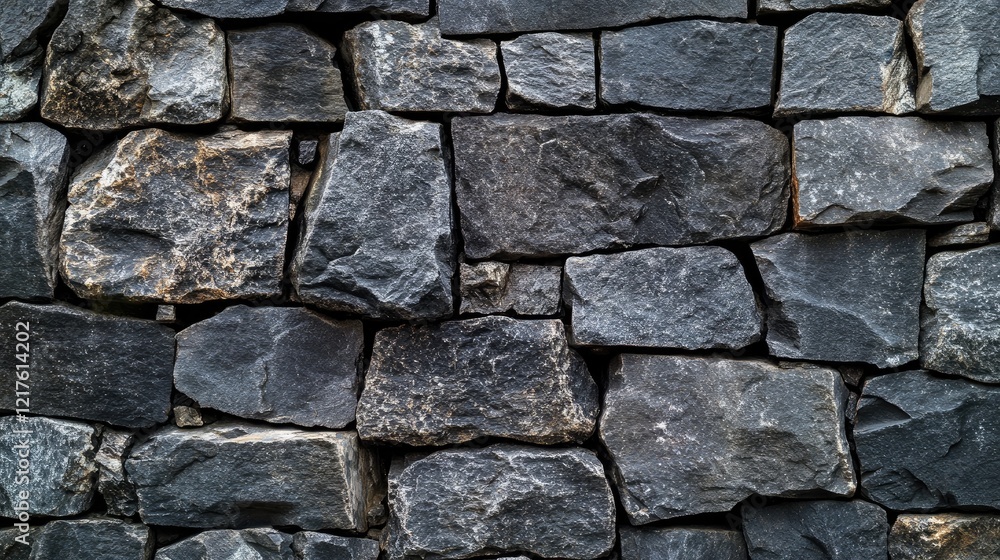 Textured stone wall pattern with irregularly shaped dark gray stones arranged in a stacked formation on a solid background Copy Space Textured stone wall pattern with irregularly shaped dark gray stones arranged in a stacked formation on a solid background Copy Space
