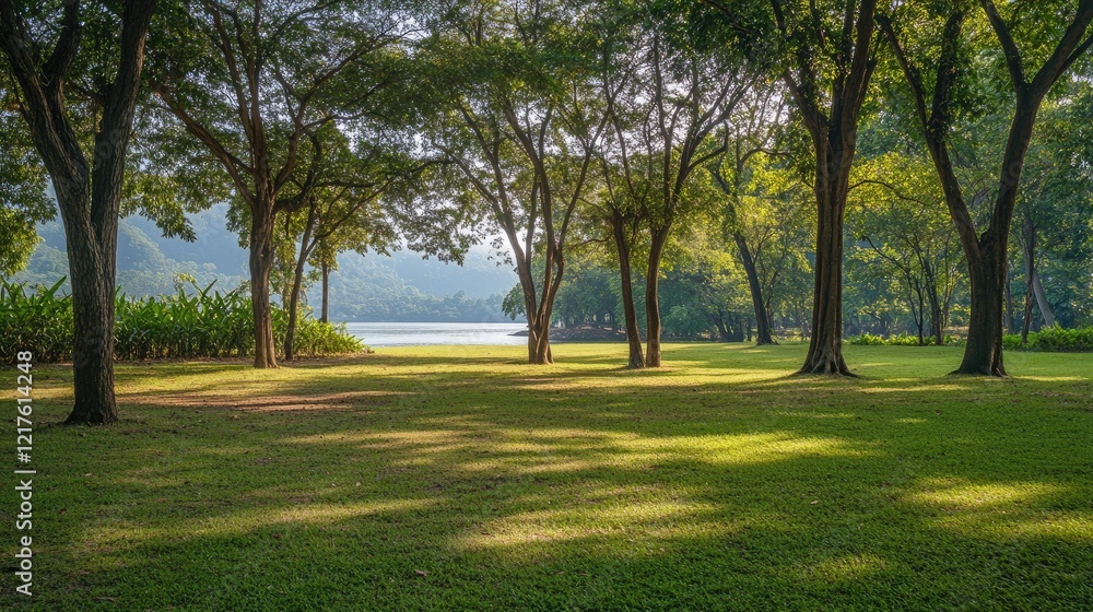 Serene landscape with trees and lake in the background featuring soft morning light and lush green grass Copy Space Serene landscape with trees and lake in the background featuring soft morning light and lush green grass Copy Space