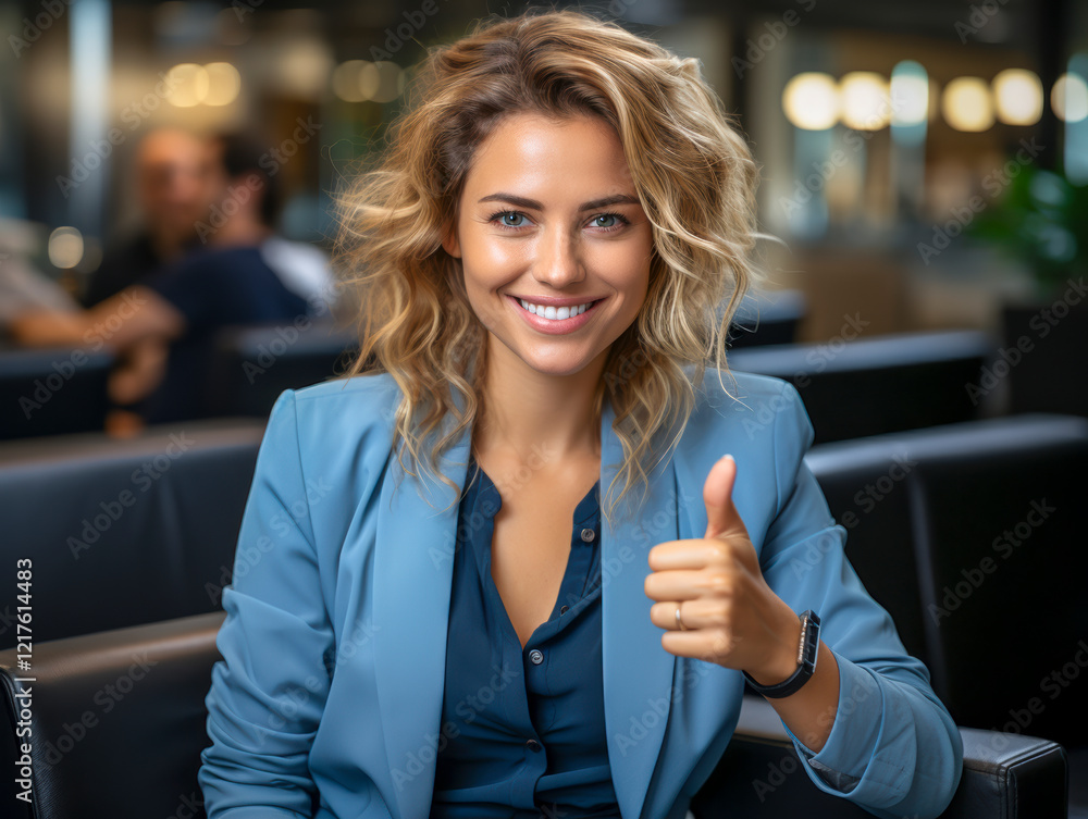 Hübsche blonde Geschäftsfrau im Büro, Daumen hoch, Generative AI