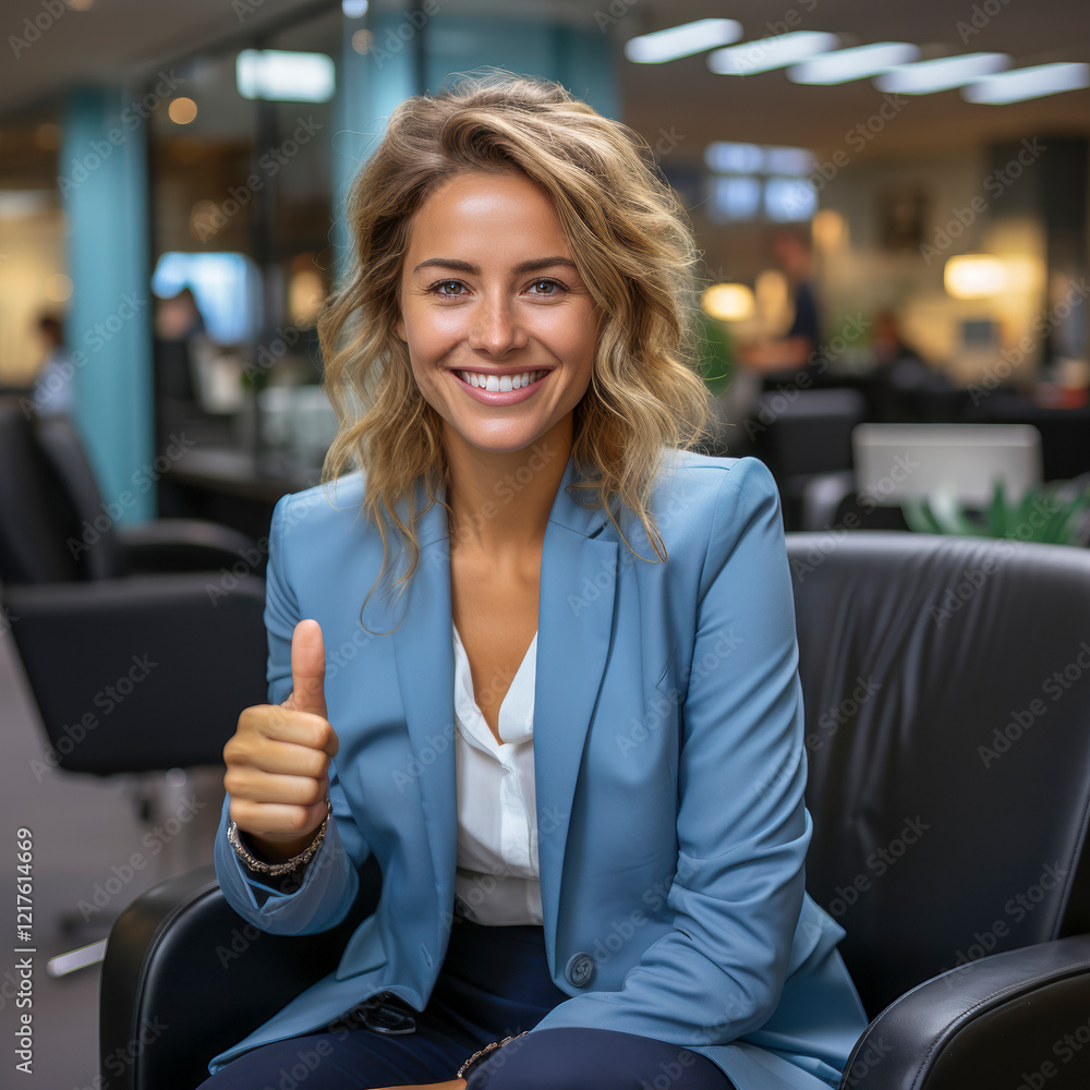 Hübsche blonde Geschäftsfrau im Büro, Daumen hoch, Generative AI