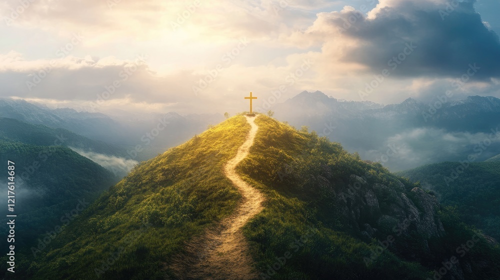 Naklejka premium Scenic mountain landscape with a path leading to a cross at the summit under a dramatic sky and soft sunlight Copy Space