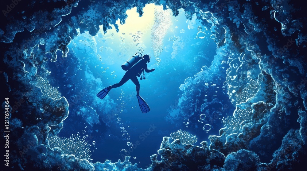 Scuba Diver Ascending Through a Coral Cave Scuba Diver Ascending Through a Coral Cave