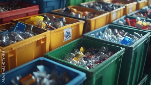 An array of vibrant bins filled with sorted materials like glass metals and plastics with a focus on the crisp labels indicating their intended recycling stream. photo