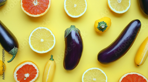 Fresh Vegetables and Fruits Including Eggplant, Orange, Lemon, and Sweet Pepper on Yellow Background, top view photo