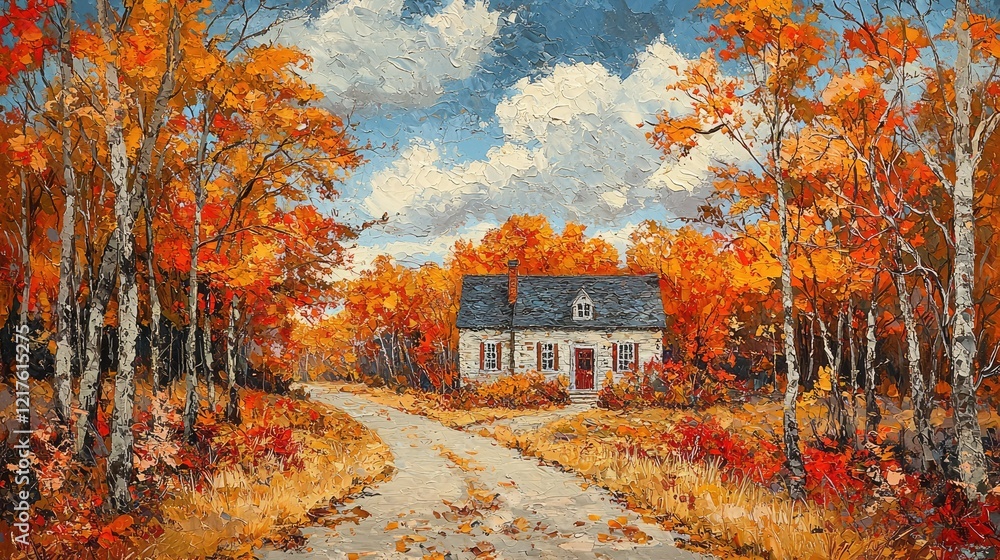 Fototapeta premium Autumn Cottage Nestled Amongst Vibrant Fall Foliage