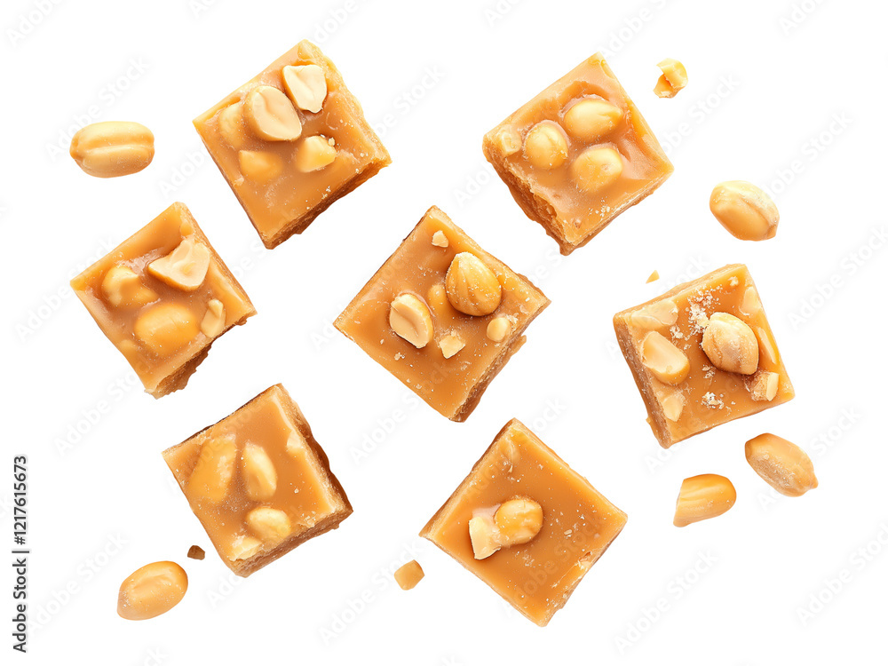 Fototapeta premium Peanut brittle pieces scattered, flat lay top down view, isolated cutout against a transparent png background