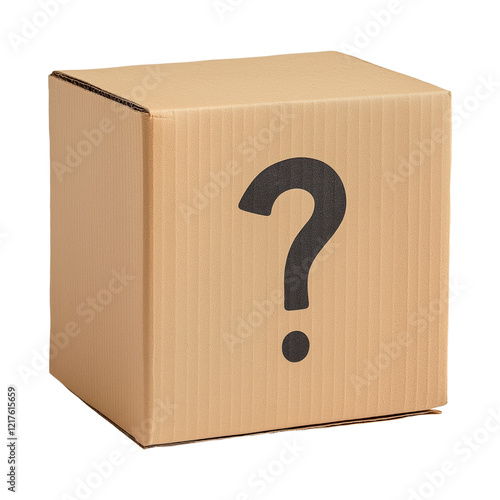 A cardboard carton mystery box with a question mark, isolated on a transparent background
