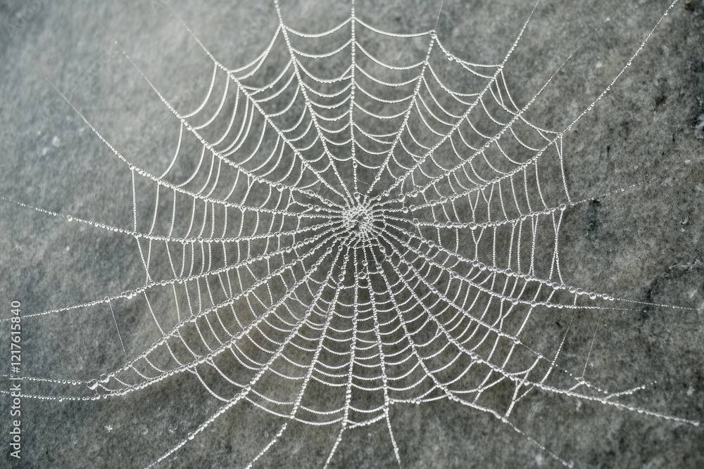 Obraz premium A spiderweb glistening with morning dew, intricate design, nature's artistry.