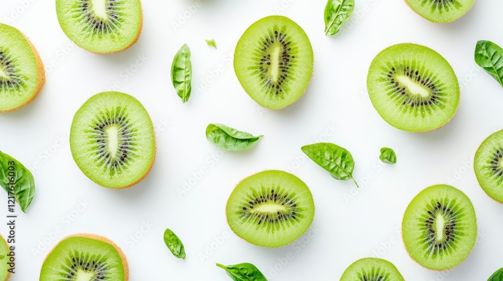 Fototapeta premium Sliced kiwi fruit and fresh basil leaves on white background with copy space