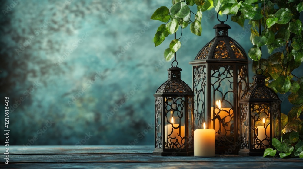 Obraz premium Decorative lanterns with candles and greenery on a wooden surface against a textured blue background with Copy Space