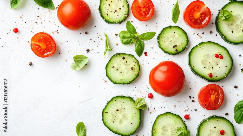 Fresh sliced cucumbers and cherry tomatoes scattered with spices and basil on a white background with Copy Space Fresh sliced cucumbers and cherry tomatoes scattered with spices and basil on a white background with Copy Space