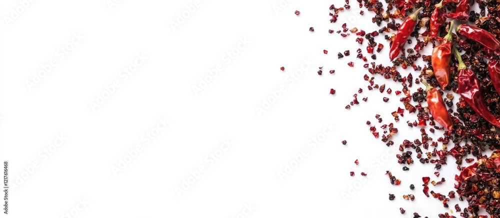 Obraz premium Red chili peppers and dried chili flakes on white background with copy space for text or design elements