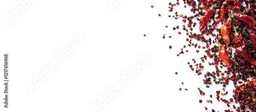 Red chili peppers and dried chili flakes on white background with copy space for text or design elements photo