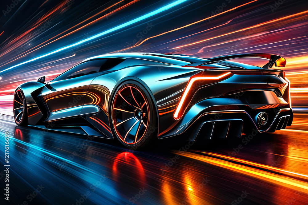 Fototapeta premium A sleek, futuristic sports car with vibrant blue and orange lights streaking around it on a track, giving the impression of speed and motion.