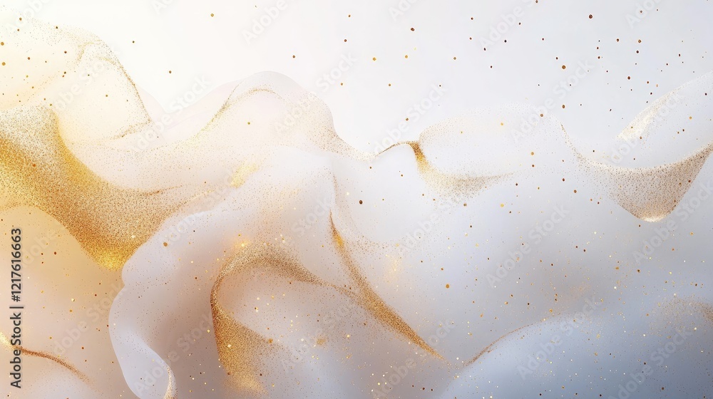 Abstract textured background with golden and white swirling fluid shapes and soft speckles Copy Space