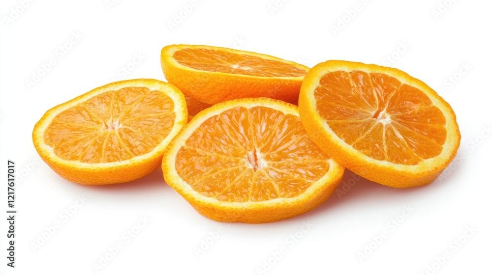 Fresh orange fruit slices arranged neatly on a white background with copy space for text. Fresh orange fruit slices arranged neatly on a white background with copy space for text.