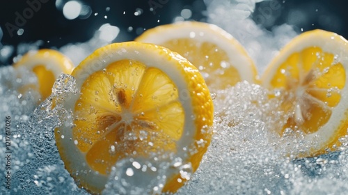 Sliced lemons splashing in clear water creating bubbles and waves with Copy Space for text placement photo