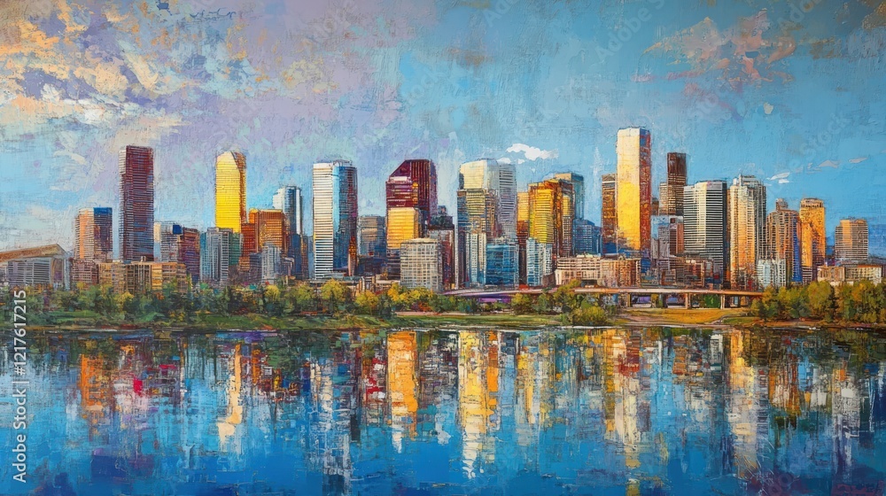 Fototapeta premium Denver Skyline Reflection: A Vibrant Cityscape at Dawn