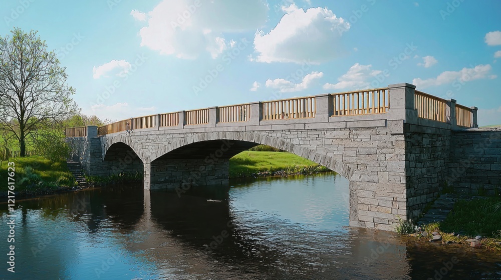 Fototapeta premium Stone arch bridge spanning tranquil river, park background, scenic landscape