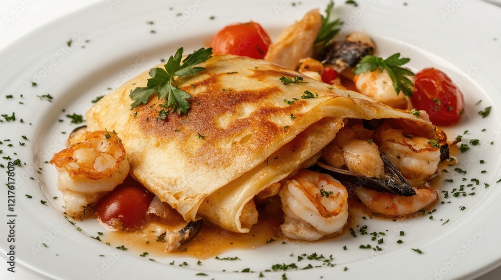 Delicious seafood crepes served with shrimp and cherry tomatoes garnished with fresh parsley on a white plate Copy Space Delicious seafood crepes served with shrimp and cherry tomatoes garnished with fresh parsley on a white plate Copy Space