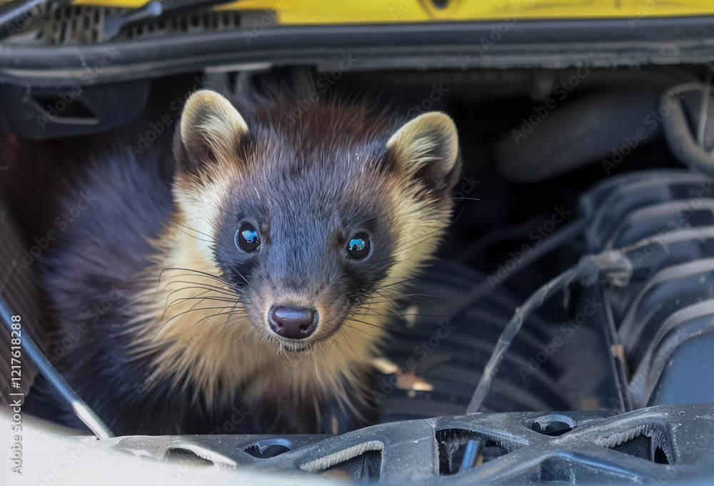 Marder beisst an Kabeln und Schläuchen im Motorraum eines Autos, Generative AI