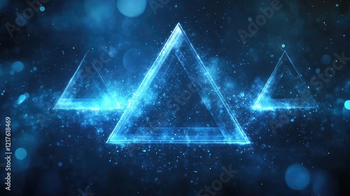 Abstract glowing blue triangular shapes in a dark background with sparkles and light effects, suitable for technology or digital themes. Copy Space. photo