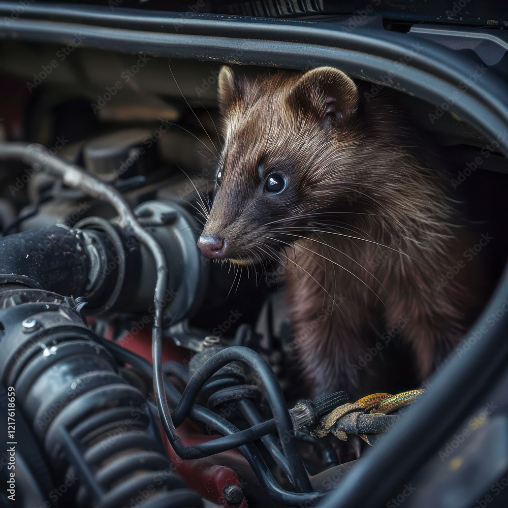 Marder beisst an Kabeln und Schläuchen im Motorraum eines Autos, Generative AI
