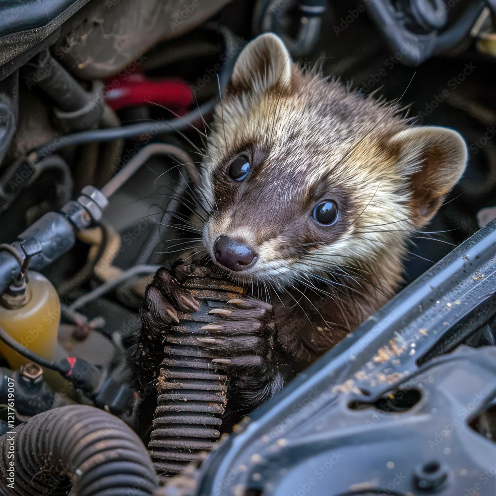 Marder beisst an Kabeln und Schläuchen im Motorraum eines Autos, Generative AI