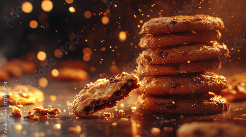 Chocolate Chip Cookies with Crumbs and Golden Bokeh Light Effects photo