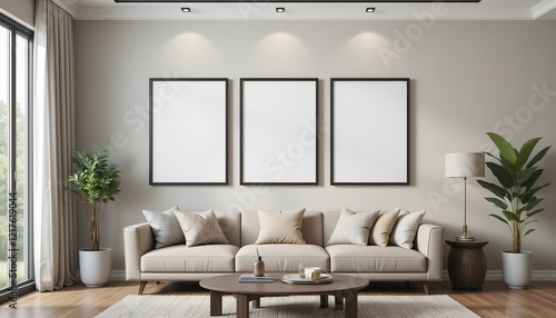 Wallpaper Mural Three Frame mockup, ISO A paper size. Living room wall poster mockup. Interior mockup with house background. Modern interior design. 3D render Torontodigital.ca