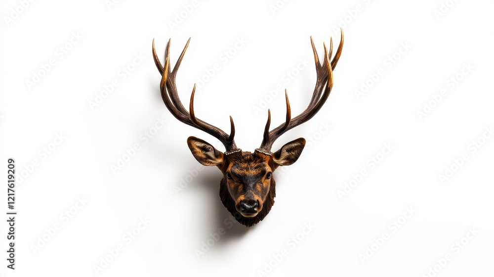 A mounted deer head with impressive antlers displayed on a white wall, contributing to a rustic or nature-themed decor. A mounted deer head with impressive antlers displayed on a white wall, contributing to a rustic or nature-themed decor.