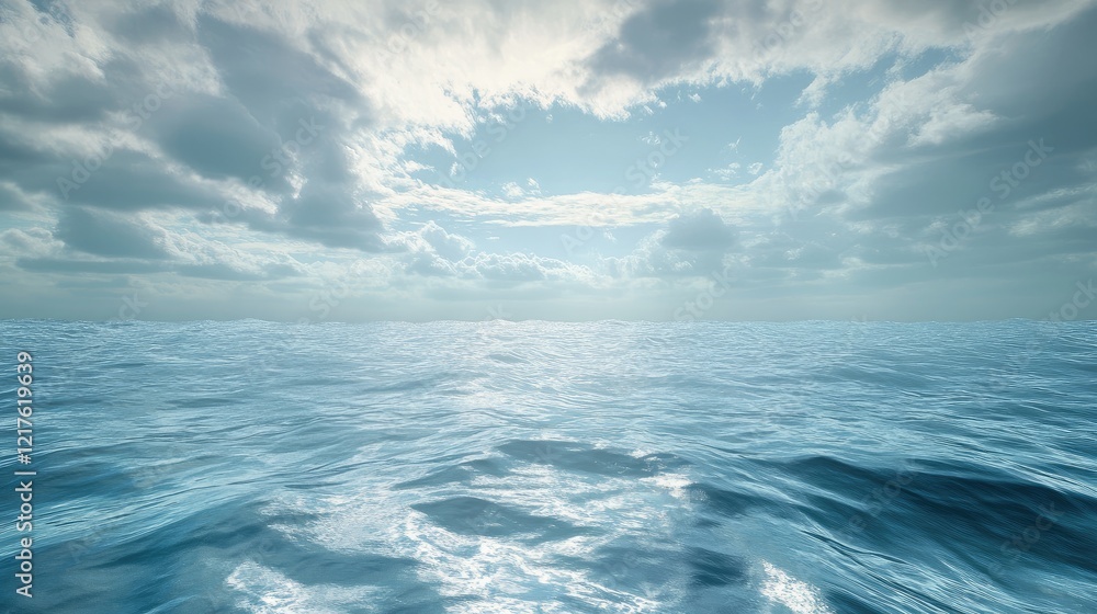 Calm ocean surface with gentle waves under a cloudy sky and soft sunlight reflecting on water Copy Space Calm ocean surface with gentle waves under a cloudy sky and soft sunlight reflecting on water Copy Space