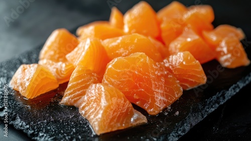 Fresh salmon fillet pieces on a black stone platter with dark background and natural lighting Copy Space photo