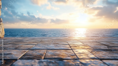 Sunset over calm ocean from a stone terrace with reflective wet tiles Copy Space for text placement photo