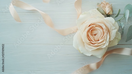 Elegant cream rose with satin ribbon on wooden background with copy space for holiday or wedding invitations. photo