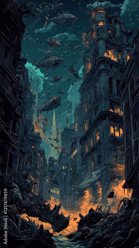 Obraz premium Cityscape Submerged with Fish Swimming Above Buildings