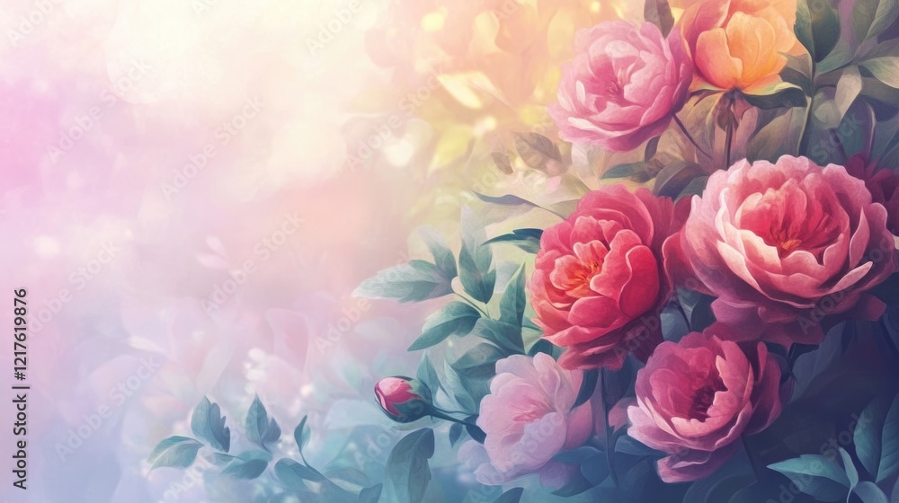 Soft focus floral arrangement with blooming roses in various colors against a pastel background Copy Space Soft focus floral arrangement with blooming roses in various colors against a pastel background Copy Space
