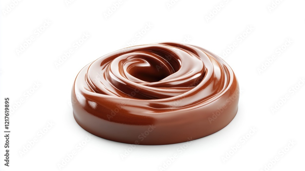Smooth chocolate spread with a glossy finish in a circular swirl on a white background with Copy Space.