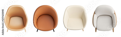 Set of modern chairs in beige and brown colors, top down plan view, isolated on transparent background