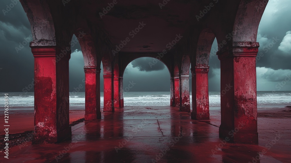 Moody seascape under dark stormy skies with red illuminated arches overlooking the ocean and sandy shoreline Copy Space Moody seascape under dark stormy skies with red illuminated arches overlooking the ocean and sandy shoreline Copy Space